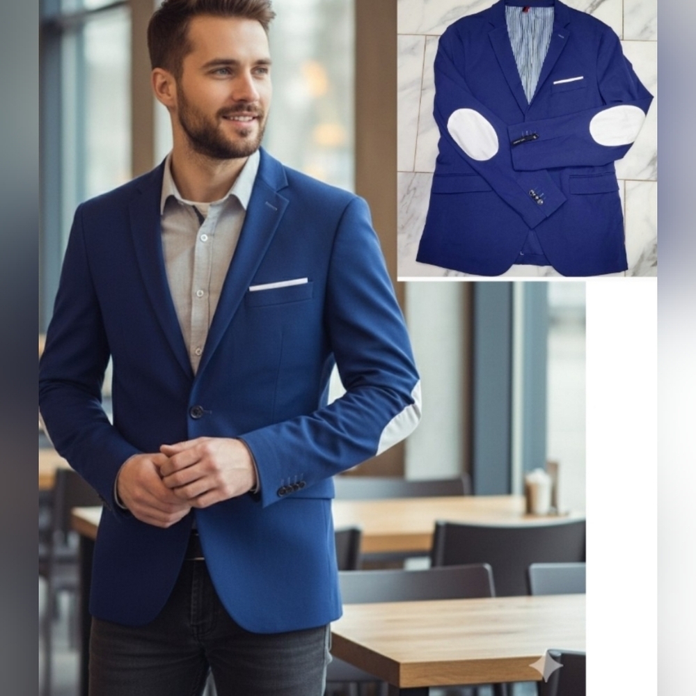 ZARA Man Navy Blue Slim Fit‎ Blazer Jacket White Elbow Patch US Size 54